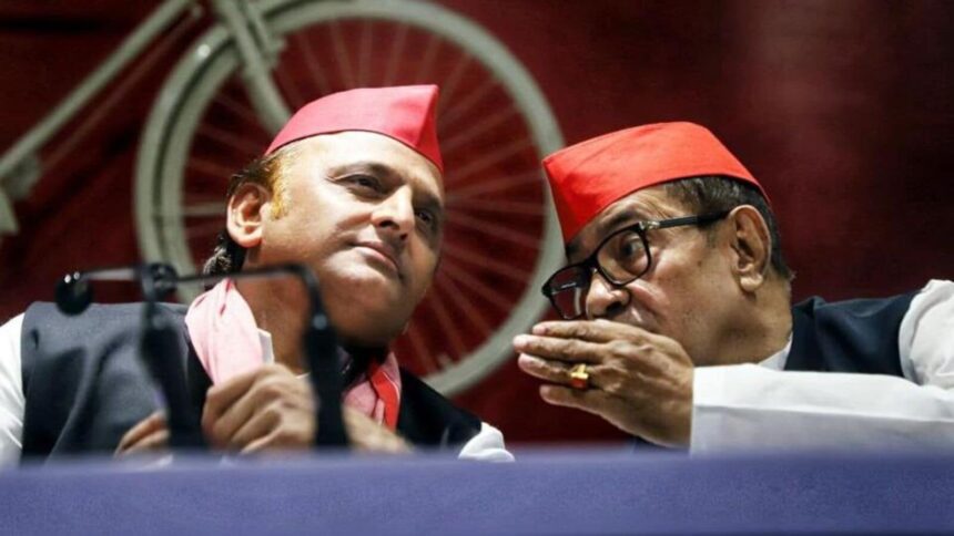 Samajwadi Party (SP) president Akhilesh Yadav with party secretary general Ram Gopal Yadav during the press conference over the ‘Ayodhya land scam’, at the party office, in Lucknow on Thursday.