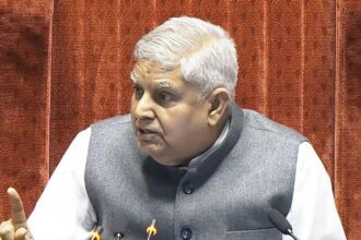 Rajya Sabha Chairman Jagdeep Dhankhar conducts the proceedings of the House during the Budget Session of Parliament, in New Delhi on Wednesday. (ANI Photo/Sansad TV)