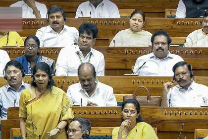 DMK vs Centre as language row shakes Parliament: DMK MP Kanimozhi Karunanidhi speaks in the Lok Sabha during the second part of the Budget session of Parliament, in New Delhi, Monday, March 10, 2025.