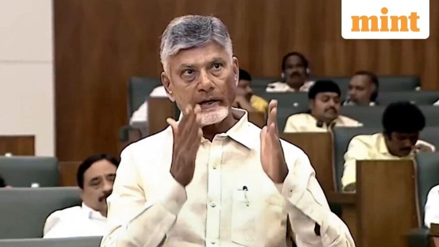 Andhra Pradesh Chief Minister N Chandrababu Naidu speaks on the first day of the Monsoon session of the state Legislative Assembly, at Velagapudi of Guntur district, Andhra Pradesh, Thursday, Sept. 18, 2025.