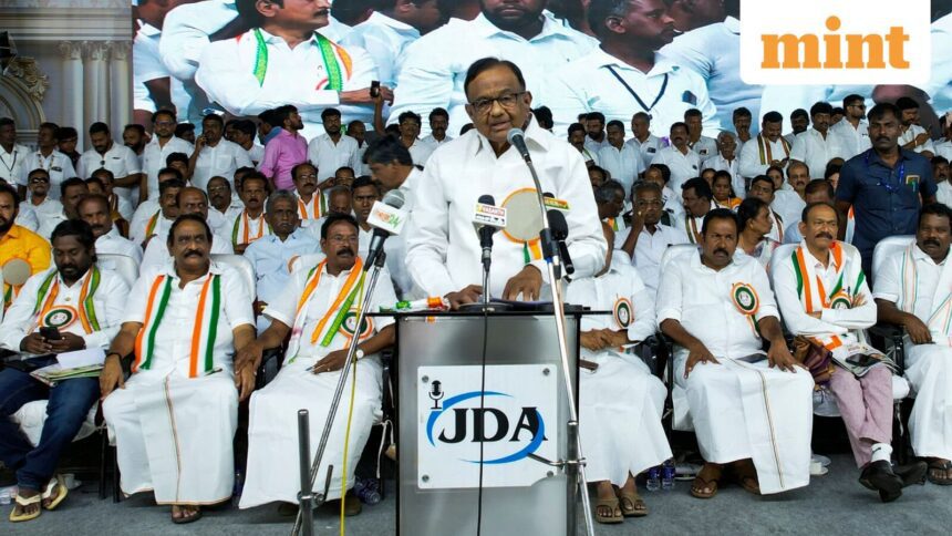 Tirunelveli: Senior Congress leader P Chidambaram addresses �Vote Chori� awareness conference, in Tirunelveli, Sunday, Sept. 7, 2025. Tamil Nadu Congress Committee (TNCC) President K Selvaperunthagai and All India Congress Committee (AICC) in-charge of Tamil Nadu Girish Raya Chodankar are also seen. (PTI Photo)(PTI09_07_2025_000258B)