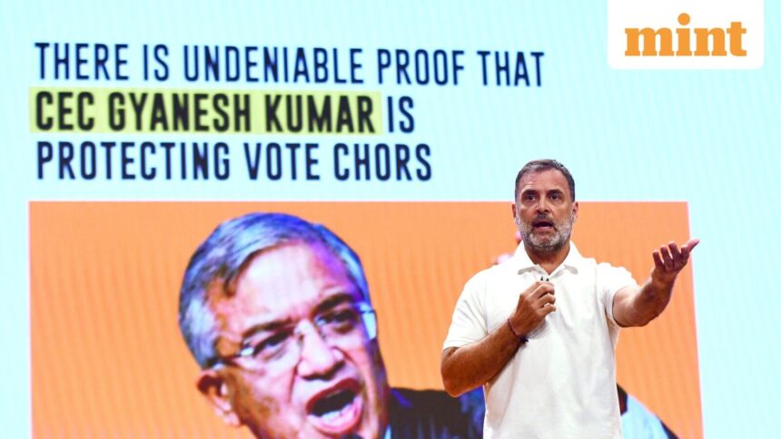 Congress party member and the leader of the opposition Rahul Gandhi addresses a press conference in New Delhi, India, Thursday, Sept. 18, 2025. (AP Photo)