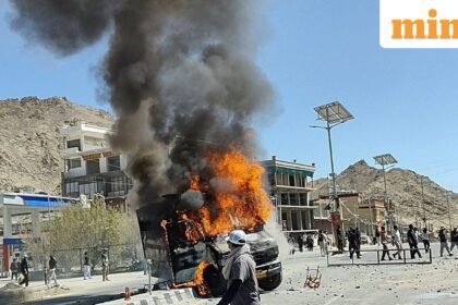 Ladakh Protests Highlights: A vehicle is set on fire during a protest by locals demanding statehood for the federal territory and job quotas for local residents in Leh, in the Ladakh region, India, September 24, 2025. REUTERS/Stringer