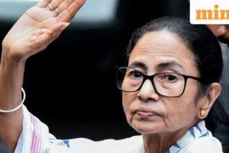 West Bengal Chief Minister Mamata Banerjee during the inauguration of the Tala Prattoy Durga Puja pandal, in Kolkata on Saturday.