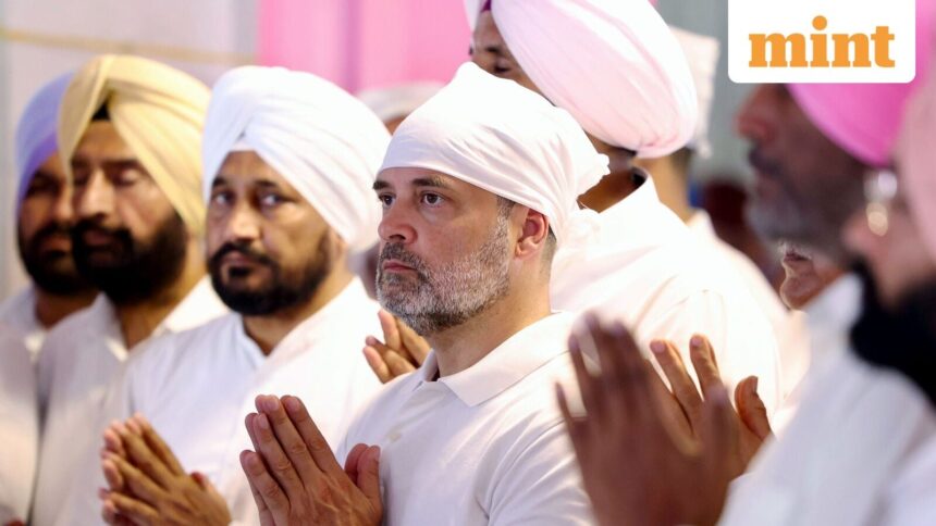 Amritsar, Sep 15 (ANI): Leader of Opposition in the Lok Sabha and Congress MP Rahul Gandhi offers prayers at Gurudwara Shri Samadhi Baba Budha Sahib, in Amritsar on Monday. (AICC/ANI Photo)