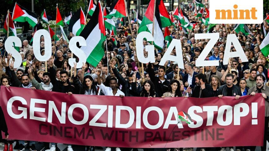 Thousands of pro-Palestinian protesters take part in a demonstration with the slogan