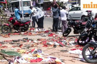 A visual from the spot where a stampede occured during a public event of Tamilaga Vettri Kazhagam chief and actor Vijay, in Karur on Sunday.