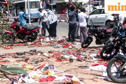 A visual from the spot where a stampede occured during a public event of Tamilaga Vettri Kazhagam chief and actor Vijay, in Karur on Sunday.