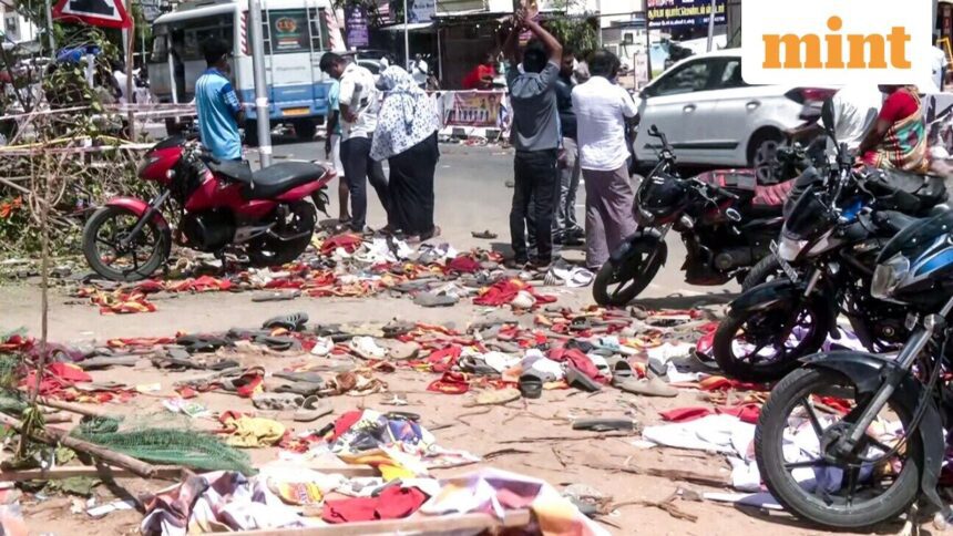 A visual from the spot where a stampede occured during a public event of Tamilaga Vettri Kazhagam chief and actor Vijay, in Karur on Sunday.