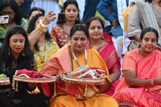 New Delhi, India 10-10-2025 : Delhi Chief Minister Rekha Gupta with other married women celebrate Karwa Chauth at CM residence in New Delhi, India on Friday 10 October 2025. (Photo by Ishant Chauhan/Hindustan Times)