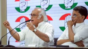 Congress leaders Jairam Ramesh with Pawan Khera address the media