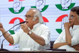Congress leaders Jairam Ramesh with Pawan Khera address the media