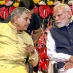 Prime Minister Narendra Modi and RSS Sarkaryavah Dattatreya Hosabale during the centenary celebrations of the Rashtriya Swayamsevak Sangh (RSS) at Dr Ambedkar International Centre in New Delhi.