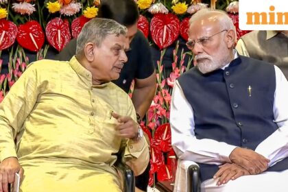 Prime Minister Narendra Modi and RSS Sarkaryavah Dattatreya Hosabale during the centenary celebrations of the Rashtriya Swayamsevak Sangh (RSS) at Dr Ambedkar International Centre in New Delhi.
