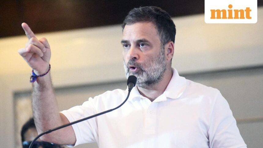 Leader of Opposition in Lok Sabha and Congress leader Rahul Gandhi addressing during inauguration of
