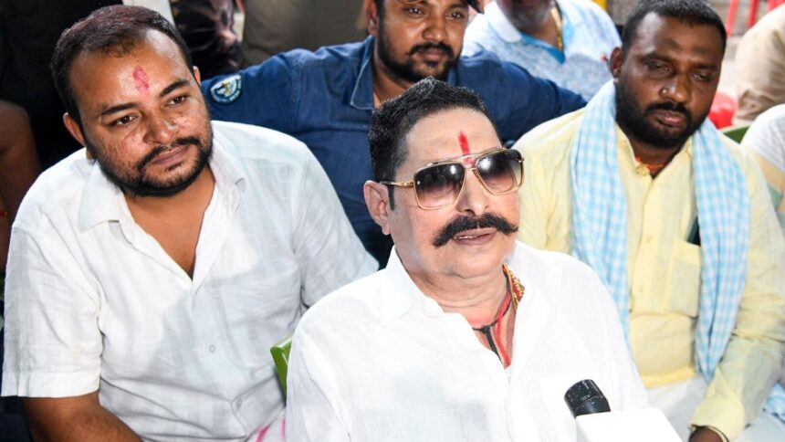 ‘Chhote Sarkar’ Anant Singh, former Bihar MLA, with supporters, speaks to the media at his residence, after getting bail in the Mokama firing case in Patna