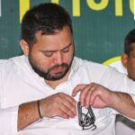 Patna: Leader of Opposition in Bihar Assembly and RJD leader Tejashwi Yadav during a press conference, in Patna. (PTI Photo)