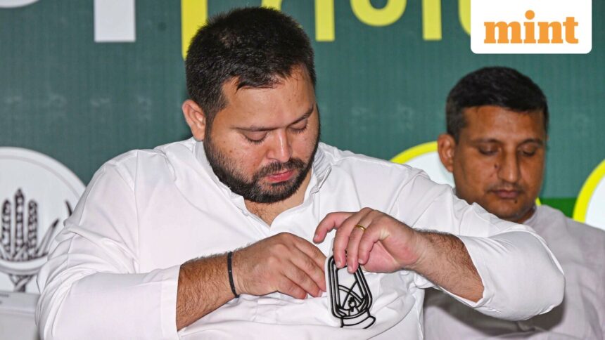 Patna: Leader of Opposition in Bihar Assembly and RJD leader Tejashwi Yadav during a press conference, in Patna. (PTI Photo)