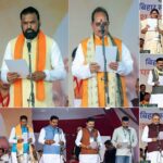 Patna, Nov 20 (ANI): (Combo Picture) (Left to Right) JD(U) Chief Nitish Kumar takes oath as Bihar Chief Minister, BJP MLAs Samrat Choudhary, Vijay Kumar Sinha take oath as State Deputy Chief Minister and other newly elected NDA MLAs take oath as State Cabinet Ministers, during the swearing-in ceremony of the NDA government, in Patna on Thursday. (ANI Photo)
