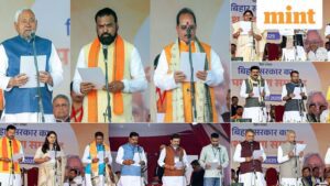 Patna, Nov 20 (ANI): (Combo Picture) (Left to Right) JD(U) Chief Nitish Kumar takes oath as Bihar Chief Minister, BJP MLAs Samrat Choudhary, Vijay Kumar Sinha take oath as State Deputy Chief Minister and other newly elected NDA MLAs take oath as State Cabinet Ministers, during the swearing-in ceremony of the NDA government, in Patna on Thursday. (ANI Photo)