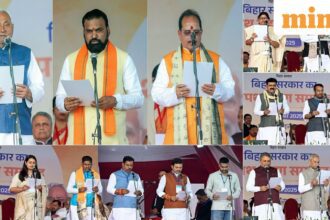 Patna, Nov 20 (ANI): (Combo Picture) (Left to Right) JD(U) Chief Nitish Kumar takes oath as Bihar Chief Minister, BJP MLAs Samrat Choudhary, Vijay Kumar Sinha take oath as State Deputy Chief Minister and other newly elected NDA MLAs take oath as State Cabinet Ministers, during the swearing-in ceremony of the NDA government, in Patna on Thursday. (ANI Photo)