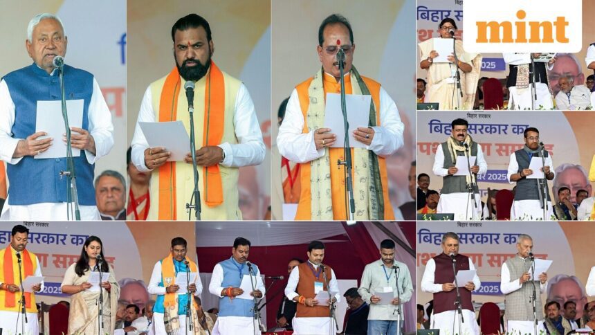 Patna, Nov 20 (ANI): (Combo Picture) (Left to Right) JD(U) Chief Nitish Kumar takes oath as Bihar Chief Minister, BJP MLAs Samrat Choudhary, Vijay Kumar Sinha take oath as State Deputy Chief Minister and other newly elected NDA MLAs take oath as State Cabinet Ministers, during the swearing-in ceremony of the NDA government, in Patna on Thursday. (ANI Photo)