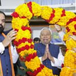Patna, Bihar, India -Nov .19, 2025: Bihar Chief Minister Nitish Kumar being garlanded during NDA Legislature Party meeting at Bihar Vidhan Mandal in Patna, Bihar, India, Wednesday,19, 2025.(Photo by Santosh Kumar/ Hindustan Times)