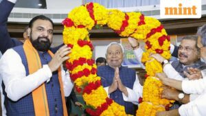 Patna, Bihar, India -Nov .19, 2025: Bihar Chief Minister Nitish Kumar being garlanded during NDA Legislature Party meeting at Bihar Vidhan Mandal in Patna, Bihar, India, Wednesday,19, 2025.(Photo by Santosh Kumar/ Hindustan Times)