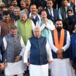 Patna, Bihar, India -Nov .19, 2025: Bihar Chief Minister Nitish Kumar with NDA leaders coming out after NDA Legislature Party meeting at Bihar Vidhan Mandal in Patna, Bihar, India, Wednesday,19, 2025.(Photo by Santosh Kumar/ Hindustan Times)