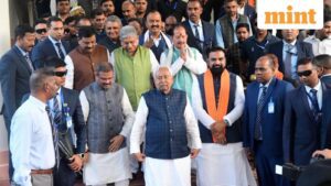 Patna, Bihar, India -Nov .19, 2025: Bihar Chief Minister Nitish Kumar with NDA leaders coming out after NDA Legislature Party meeting at Bihar Vidhan Mandal in Patna, Bihar, India, Wednesday,19, 2025.(Photo by Santosh Kumar/ Hindustan Times)