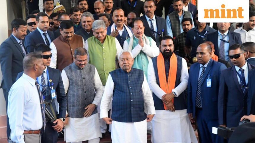 Patna, Bihar, India -Nov .19, 2025: Bihar Chief Minister Nitish Kumar with NDA leaders coming out after NDA Legislature Party meeting at Bihar Vidhan Mandal in Patna, Bihar, India, Wednesday,19, 2025.(Photo by Santosh Kumar/ Hindustan Times)