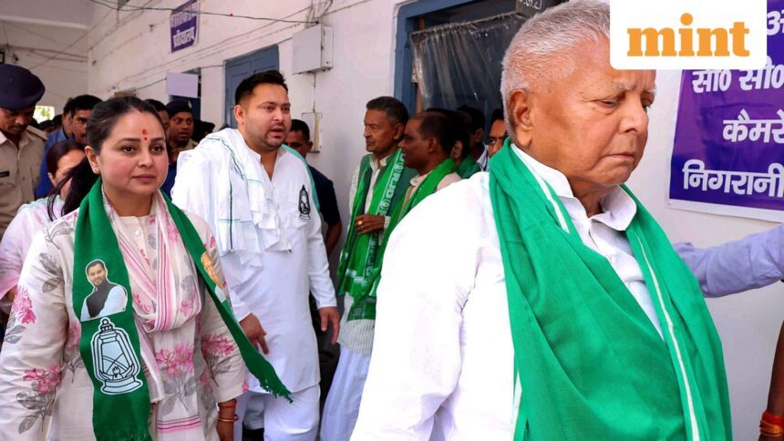 Saran: In this Monday, April 29, 2024 file photo, RJD chief Lalu Prasad Yadav with daughter Rohini Acharya and son Tejashwi Yadav during an event, in Saran district. A day after the RJD was drubbed in the Bihar assembly polls, party president Lalu Prasad