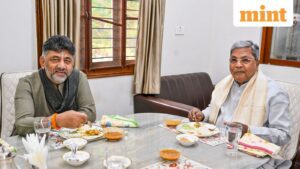 Karnataka Chief Minister Siddaramaiah with Deputy CM D K Shivakumar during a breakfast meeting amid the ongoing leadership issue in the state, at the former
