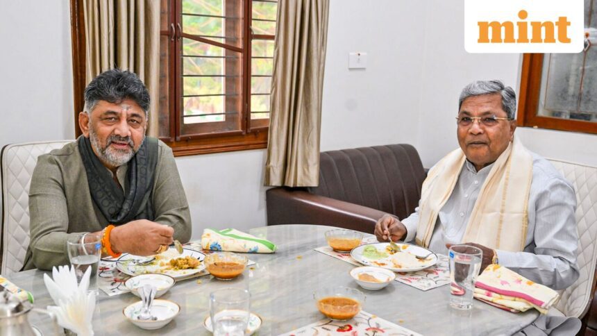 Karnataka Chief Minister Siddaramaiah with Deputy CM D K Shivakumar during a breakfast meeting amid the ongoing leadership issue in the state, at the former