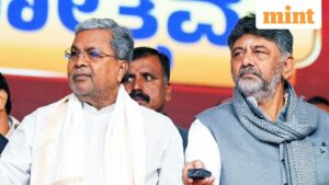 Karnataka Chief Minister Siddaramaiah and Deputy Chief Minister DK Shivakumar during the Golden Jubilee program of the Integrated Child Development Scheme, organized by the Department of Women and Child Development as well as Empowerment of Persons with Disabilities and Senior Citizens, at the Bangalore Palace Grounds, in Bengaluru on Friday