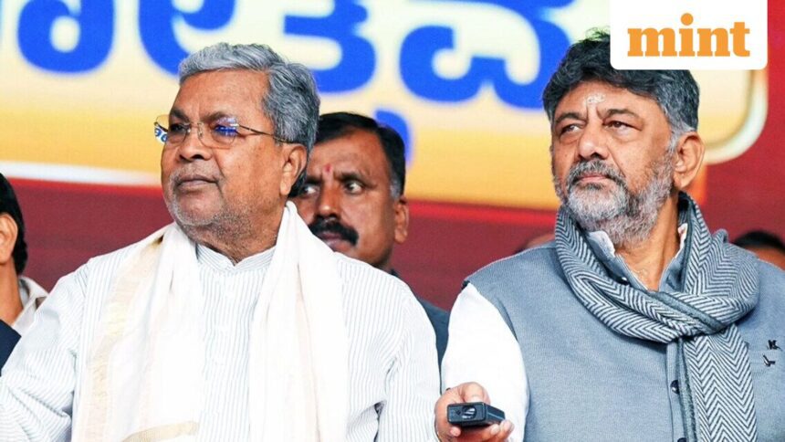 Karnataka Chief Minister Siddaramaiah and Deputy Chief Minister DK Shivakumar during the Golden Jubilee program of the Integrated Child Development Scheme, organized by the Department of Women and Child Development as well as Empowerment of Persons with Disabilities and Senior Citizens, at the Bangalore Palace Grounds, in Bengaluru on Friday