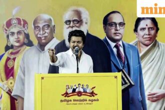 Actor and founder of Tamilaga Vettri Kazhagam (TVK) party Vijay speaks during the closed-door interaction with party cadre and supporters from the three taluks of Kancheepuram district, in Kancheepuram on Sunday.
