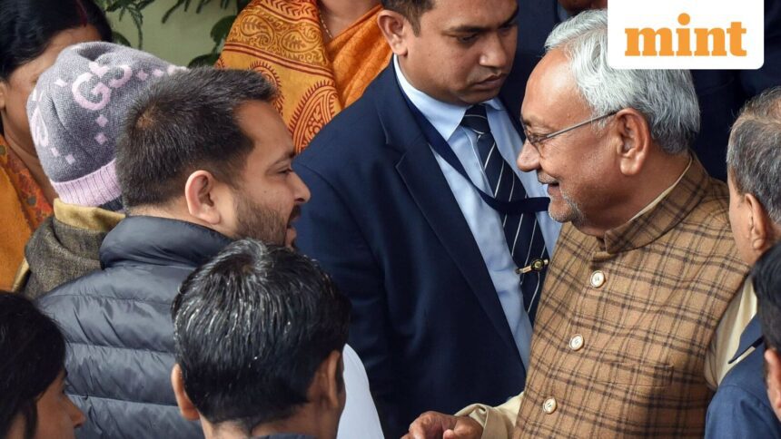 Bihar Chief Minister Nitish Kumar meets Rashtriya Janata Dal (RJD) leader Tejashwi Yadav. (File)