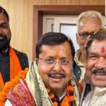 Patna: Bihar BJP President Dilip Jaiswal, front left, congratulates state Minister Nitin Nabin, right, after the latter was appointed BJP