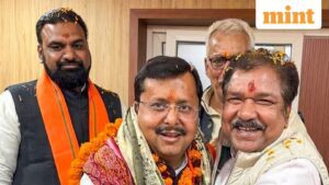 Patna: Bihar BJP President Dilip Jaiswal, front left, congratulates state Minister Nitin Nabin, right, after the latter was appointed BJP