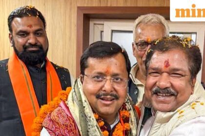 Patna: Bihar BJP President Dilip Jaiswal, front left, congratulates state Minister Nitin Nabin, right, after the latter was appointed BJP