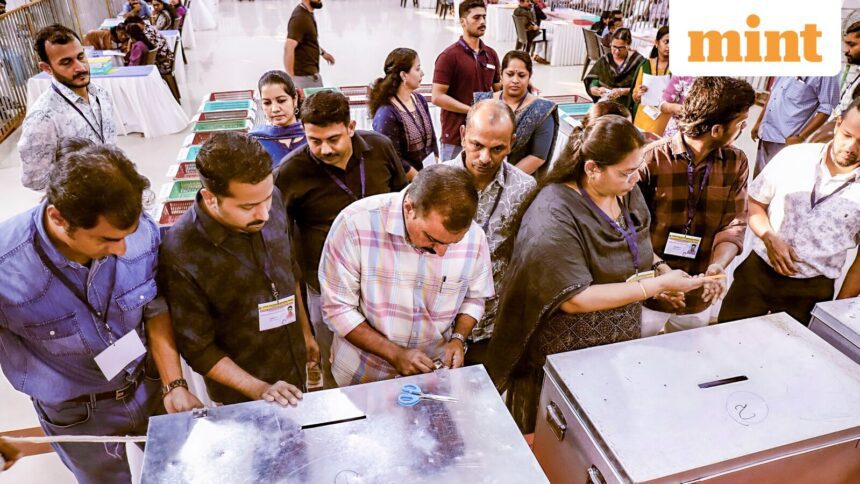 Kozhikode: Polling officials open ballot boxes during counting of votes for the Kerala local body elections, in Kozhikode