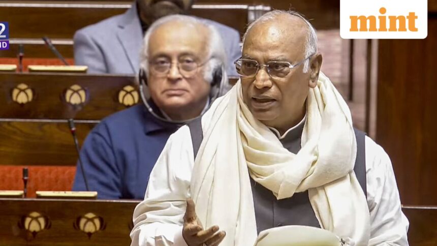 New Delhi: Congress President Mallikarjun Kharge speaks during the first day of the Winter Session of Parliament, in New Delhi, Monday, Dec. 1, 2025. (Sansad TV via PTI Photo)