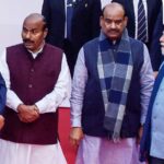 New Delhi, Dec 06 (ANI): Prime Minister Narendra Modi, in a conversation with Lok Sabha Speaker Om Birla, Union Minister Virendra Kumar and Union Minister Kiren Rijiju during the tribute-paying ceremony of Dr. B.R. Ambedkar on his 70th death anniversary, observed as Mahaparinirvan Diwas at Prerna Sthal in Parliament House premises, in New Delhi on Saturday. (ANI Photo/Jitender Gupta)