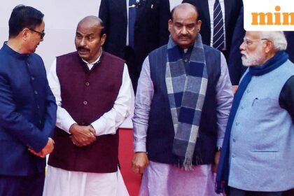 New Delhi, Dec 06 (ANI): Prime Minister Narendra Modi, in a conversation with Lok Sabha Speaker Om Birla, Union Minister Virendra Kumar and Union Minister Kiren Rijiju during the tribute-paying ceremony of Dr. B.R. Ambedkar on his 70th death anniversary, observed as Mahaparinirvan Diwas at Prerna Sthal in Parliament House premises, in New Delhi on Saturday. (ANI Photo/Jitender Gupta)