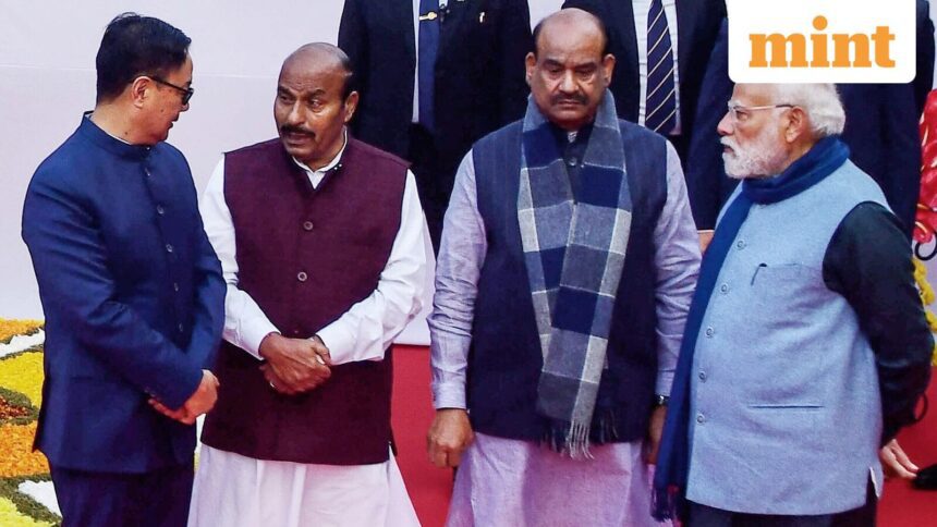 New Delhi, Dec 06 (ANI): Prime Minister Narendra Modi, in a conversation with Lok Sabha Speaker Om Birla, Union Minister Virendra Kumar and Union Minister Kiren Rijiju during the tribute-paying ceremony of Dr. B.R. Ambedkar on his 70th death anniversary, observed as Mahaparinirvan Diwas at Prerna Sthal in Parliament House premises, in New Delhi on Saturday. (ANI Photo/Jitender Gupta)