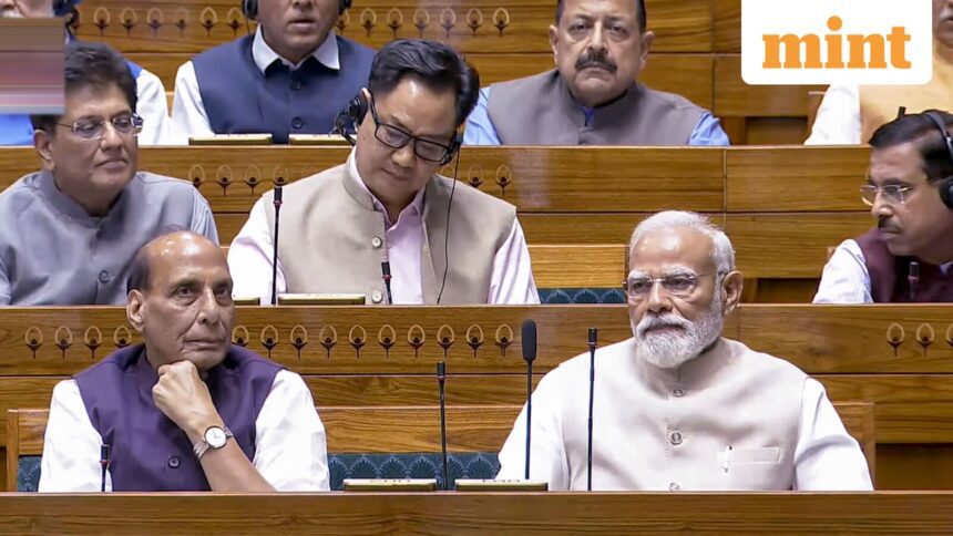 Prime Minister Narendra Modi, Union Ministers Rajnath Singh, Piyush Goyal Kiren Rijiju and Pralhad Joshi and other members amid voting on the women
