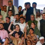 New Delhi: BJP MPs including Kangana Ranaut and Kamaljeet Sehrawat and others raise slogans during a protest, after the Constitution Amendment Bill to implement reservation for women in legislatures in 2029 and increase the number of seats of the Lok Sabha was defeated, during the Special session of Parliament, in New Delhi, Friday, April 17, 2026