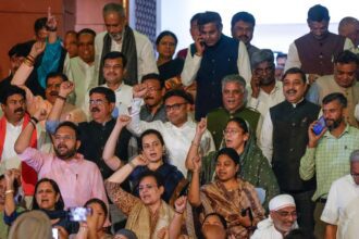 New Delhi: BJP MPs including Kangana Ranaut and Kamaljeet Sehrawat and others raise slogans during a protest, after the Constitution Amendment Bill to implement reservation for women in legislatures in 2029 and increase the number of seats of the Lok Sabha was defeated, during the Special session of Parliament, in New Delhi, Friday, April 17, 2026