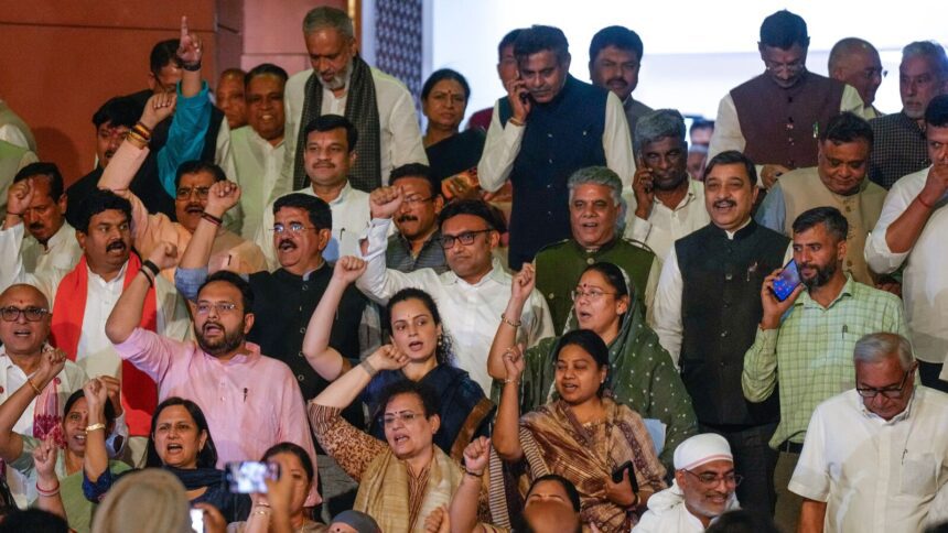 New Delhi: BJP MPs including Kangana Ranaut and Kamaljeet Sehrawat and others raise slogans during a protest, after the Constitution Amendment Bill to implement reservation for women in legislatures in 2029 and increase the number of seats of the Lok Sabha was defeated, during the Special session of Parliament, in New Delhi, Friday, April 17, 2026